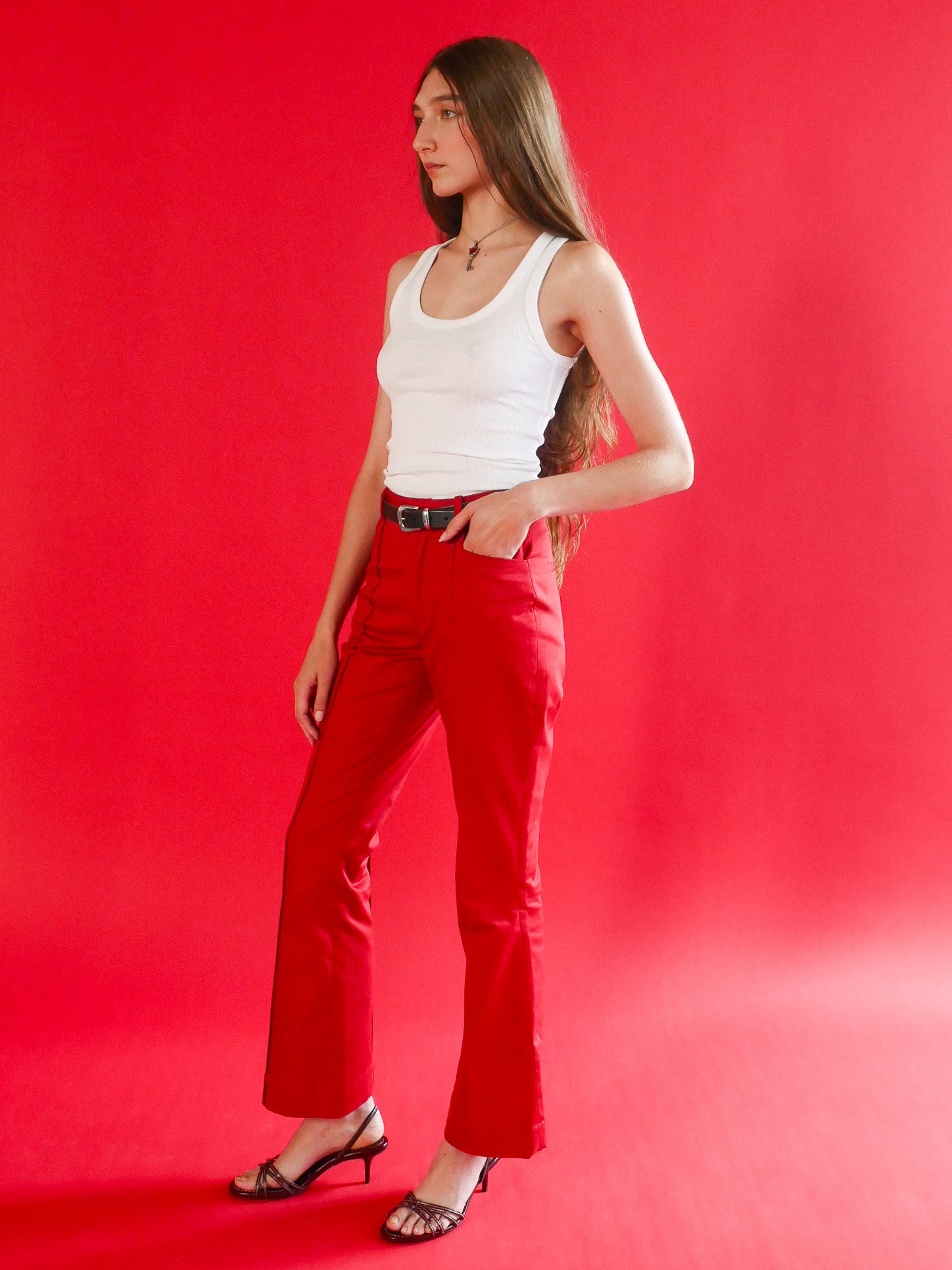 Vivienne Flare Pant in Red Cotton Herringbone